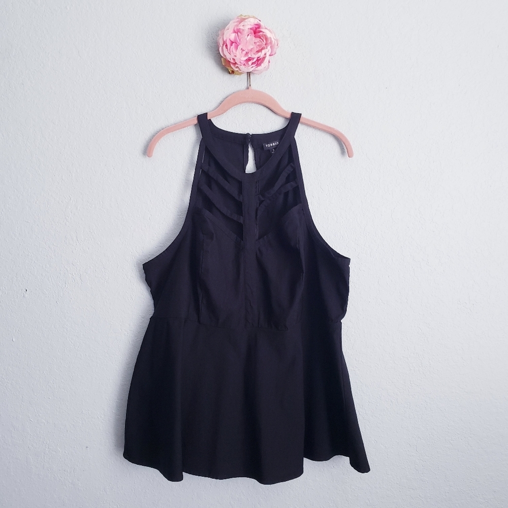 Torrid Black Bengaline High Neck Strappy Cage Front Top - Picture 2 of 8